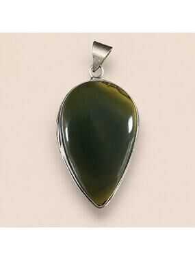 925 Sterling Silver Green Jade Teardrop Pendant Large Cabochon